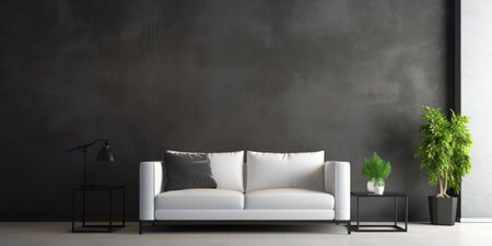 Modern interior design of living room with white sofa and empty anthracite concrete wall backgroundの写真素材