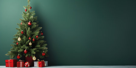 Green Christmas tree and presents on green backgroundの写真素材