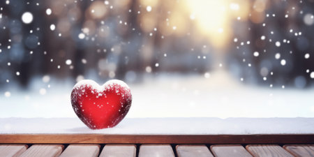 Red heart on wooden table, snow in the background and copy spaceの写真素材