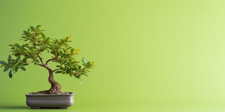 Beautiful bonsai on green background with copy spaceの写真素材