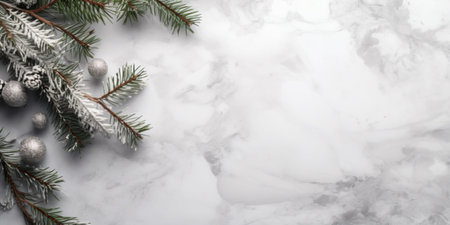 Christmas composition. Frame made of fir tree branches, decorations on pastel gray background, copy...
