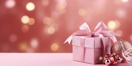 Christmas decoration set with gift boxes and sparkling lights on pink background, copy spaceの写真素材