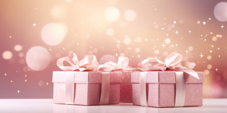 Christmas decoration set with gift boxes and sparkling lights on pink background, copy spaceの写真素材
