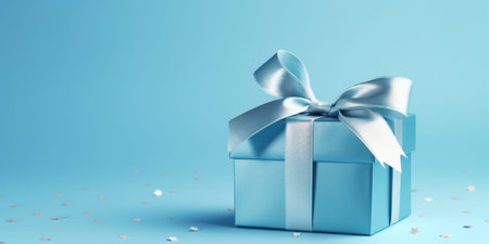 Blue gift box with silver bow on light blue background with copy spaceの写真素材