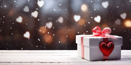 Shiny white gift box with red ribbon and red heart on wooden table, snow in the background and copy spaceの写真素材