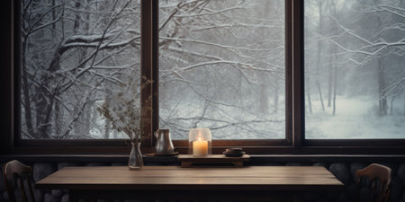 Empty table and window with a winter landscape in backgroundの写真素材