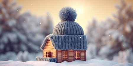 House in winter - heating system concept and cold snowy weather with model of a house wearing a...
