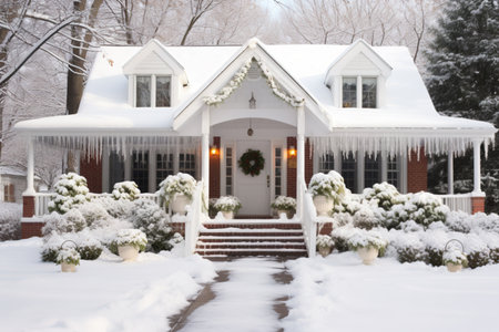 House exterior christmas decorations in the snowの写真素材