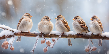 Sparrows sitting on a branch in winter garden, huntedの写真素材