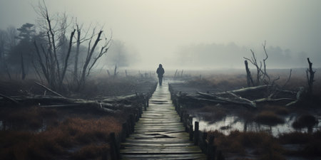 A lonely man walks on an abandoned nature boardwalk. Misty and foggy sceneryの写真素材