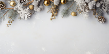Christmas composition. Frame made of fir tree branches, decorations on pastel gray background, copy...