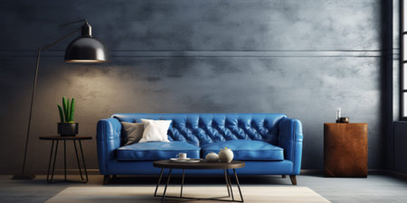 Interior of living room with blue sofa 3D rendering