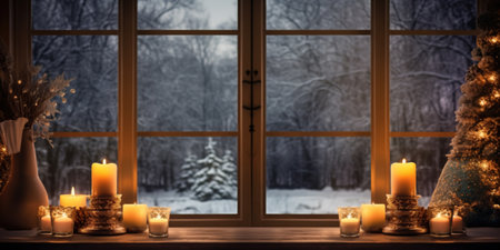 Table with candles, late autumn decorations and winter window in backgroundの写真素材