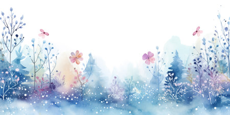 Floral winter watercolor background with pale plants and flower and space for textの写真素材