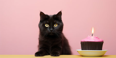 Cute black cat with a birthday cake and candles on a pink background