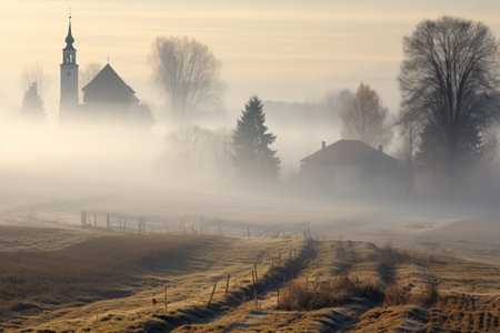 Foggy European landscape in late autumn or early winterの写真素材