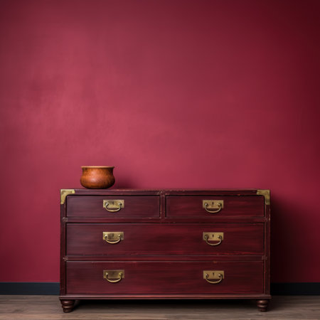 A wooden dresser of drawers in front of a dark red wallの写真素材