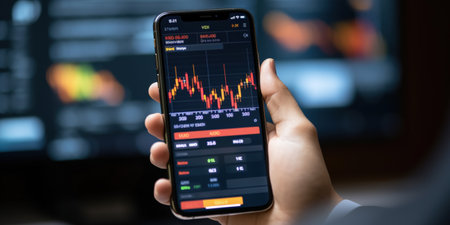 Close up of hand holding smartphone with stock chart trading interface on blur backgroundの写真素材