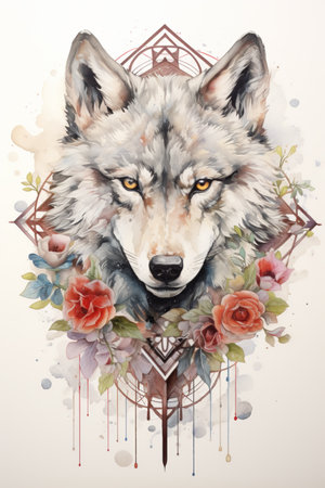 Portrait of an esoteric wolf in watercolorの写真素材