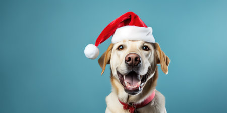 Happy Labrador in Santa Claus hat and antlers sits on a blue background, copy spaceの写真素材
