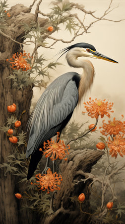 A highly detailed illustration featuring a crane bird and vegetationの写真素材