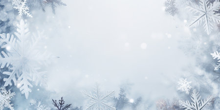 Frame made of snow with snowflakes and ice crystals on blue background, top view with space for textの写真素材