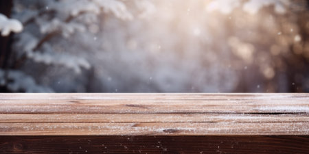 Empty table before a snowy landscape