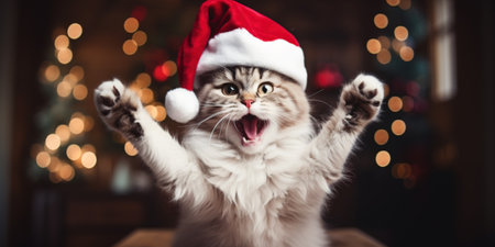 Cheerful cat in Santa Hat Celebrating Christmas at Homeの写真素材