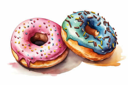 Watercolor illustration, delicious and colorful donuts on white backgroundの写真素材