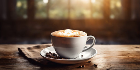 A cozy cup of Latte in a rustic coffee shop, with steam rising from the mug