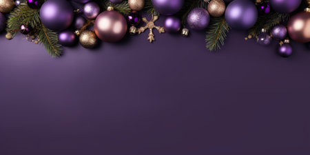 Flat lay table top view festive ornament decoration with copy space, purple backgroundの写真素材