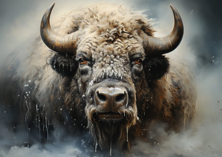 A portrait of a bison in ice and winter snow. Digital illustration.の写真素材