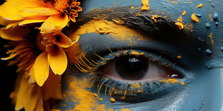 Crop of female eye with colorful make up. Beautiful fashion model with creative art makeup. Abstract colorful splash makeup. Holi festivalの写真素材