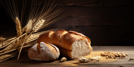 A fresh bread and wheat on a wooden table