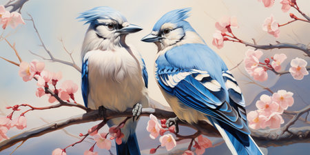 Illustration of blue jays perched in a treeの写真素材