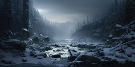 A highly detailed a river rushing through a snowy ravineの写真素材