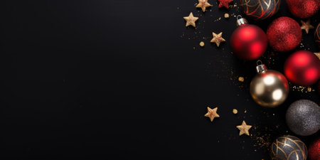 Flat lay table top view festive ornament decoration with copy space, black backgroundの写真素材
