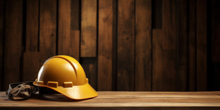 Construction helmet on a wooden tableの写真素材