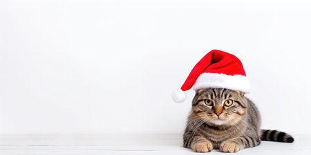 Cat wearing Santa Claus hat in front of a white background