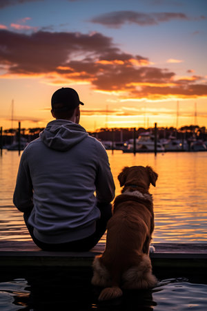 A lonely man sits with his dog at the lake at sundown on an autumn eveningの写真素材