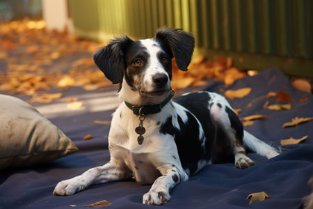 Jack Russell dog is sitting outside between autumn leaves