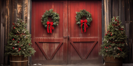 Red vintage rustic barn door, backdrop for photography, christmas trees with gifts and christmas decorの写真素材