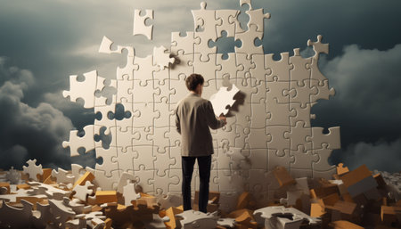 A lonely man tries to solve a puzzleの写真素材