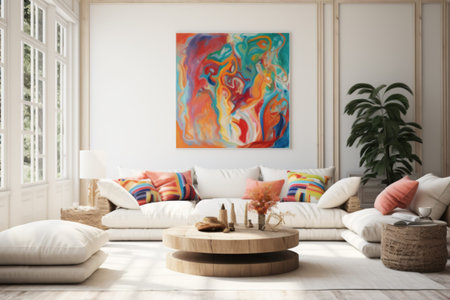 A white urban boho living room with enough space on the wall for an A1 sized portrait