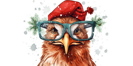 Funny chicken with glasses in Christmas outfit. Cool bird. Animal illustrationの写真素材