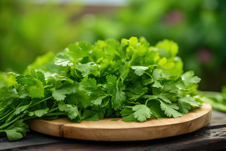 A bunch of fresh, vibrant green parsley on a thin wooden plate with a slightly blurred backgroundの写真素材
