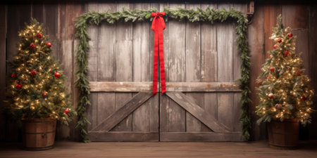 Red vintage rustic barn door, backdrop for photography, christmas trees with gifts and christmas decorの写真素材