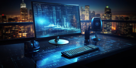 Day trade in a modern office, computer with graphics, blue and black