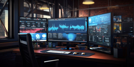 Day trade in a modern office, computer with graphics, blue and black