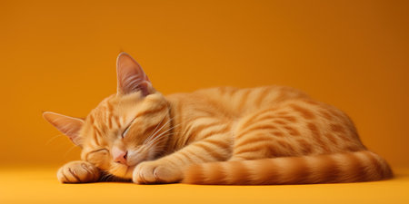 Portrait of a sleeping cat at plain orange color backgroundの写真素材